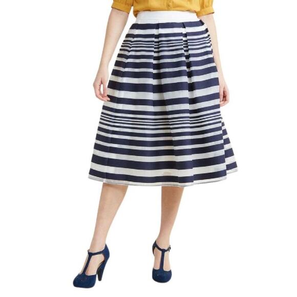 ModCloth Soirée Navy White Stripe Nautical A-Line Twirl Full Swing Midi Skirt M - Picture 1 of 4